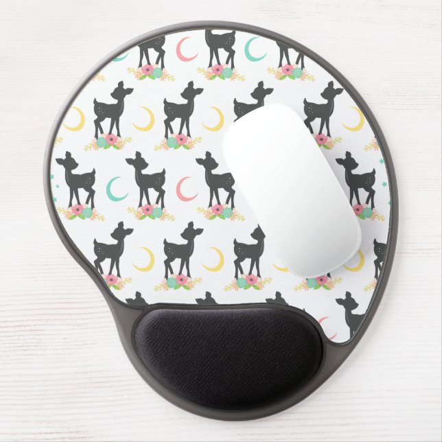 Deer Pattern, Baby Deer, Boho, Flowers, Moon Gel Mouse Pad (Left Side)