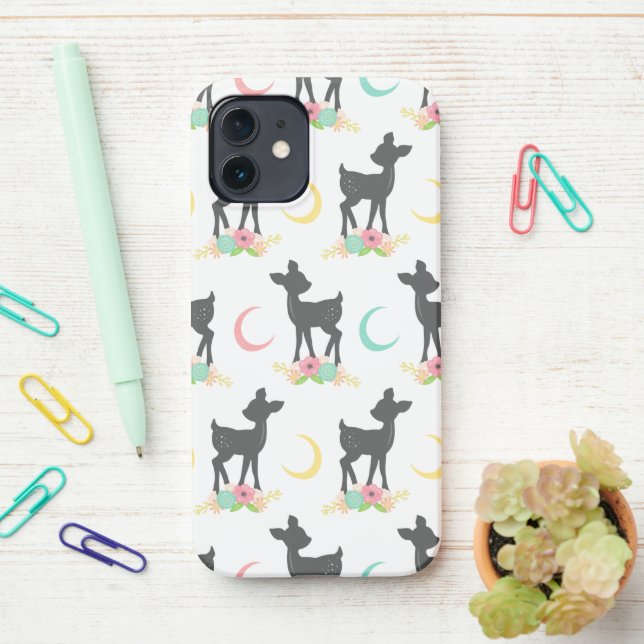 Deer Pattern, Baby Deer, Boho, Flowers, Moon iPhone Case (On Desk)