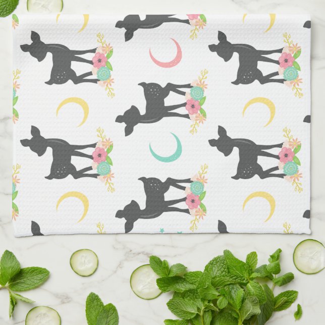 Deer Pattern, Baby Deer, Boho, Flowers, Moon Kitchen Towel (Folded)