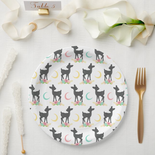 Deer Pattern, Baby Deer, Boho, Flowers, Moon Paper Plates (Wedding)