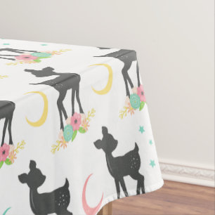 Deer Pattern, Baby Deer, Boho, Flowers, Moon Tablecloth
