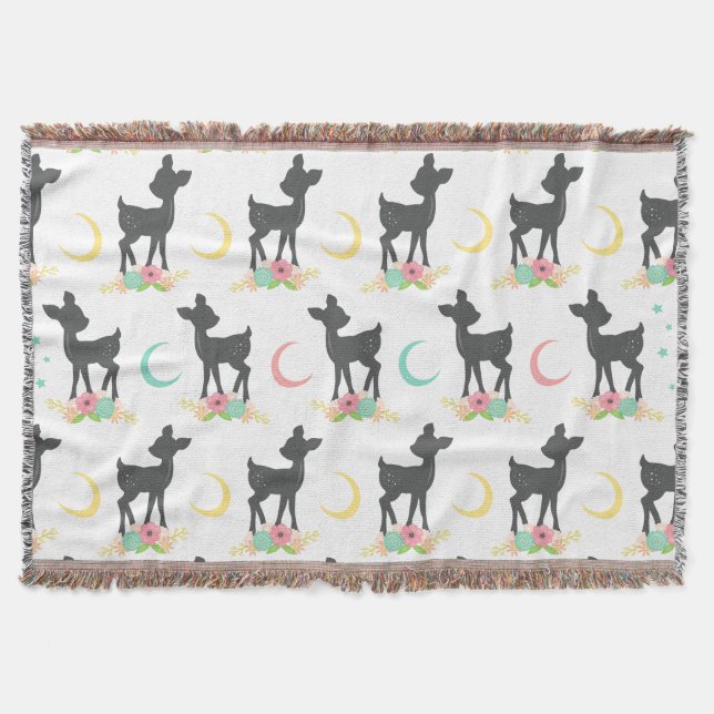 Deer Pattern, Baby Deer, Boho, Flowers, Moon Throw Blanket (Front)