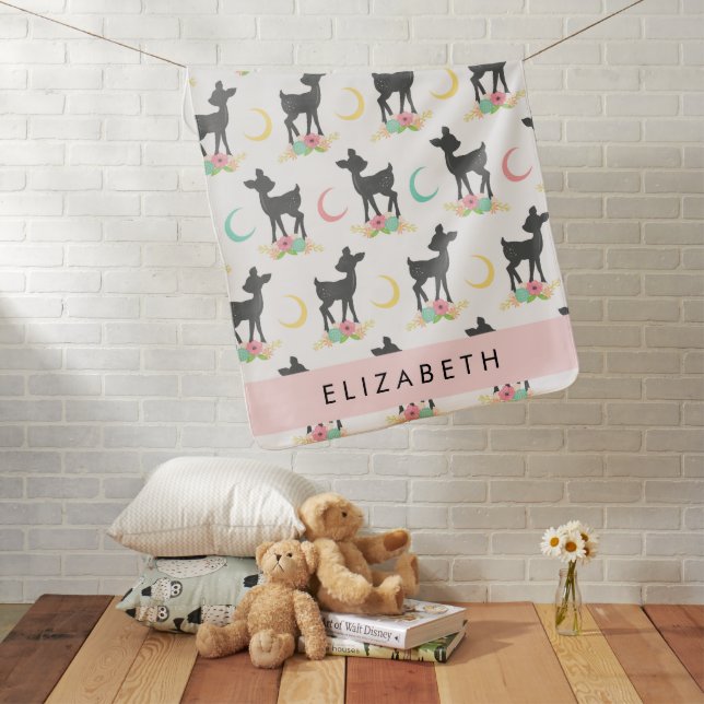 Deer Pattern, Baby Deer, Boho, Flowers, Your Name Blanket (In Situ)