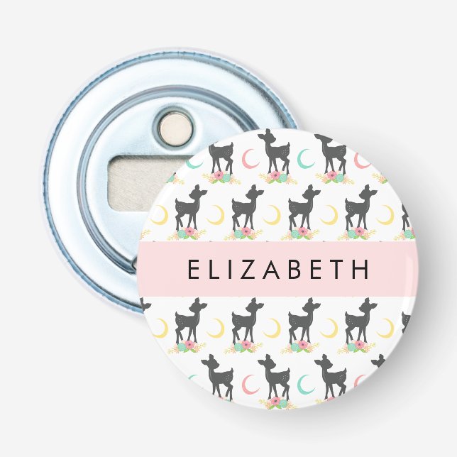 Deer Pattern, Baby Deer, Boho, Flowers, Your Name Bottle Opener (Front)