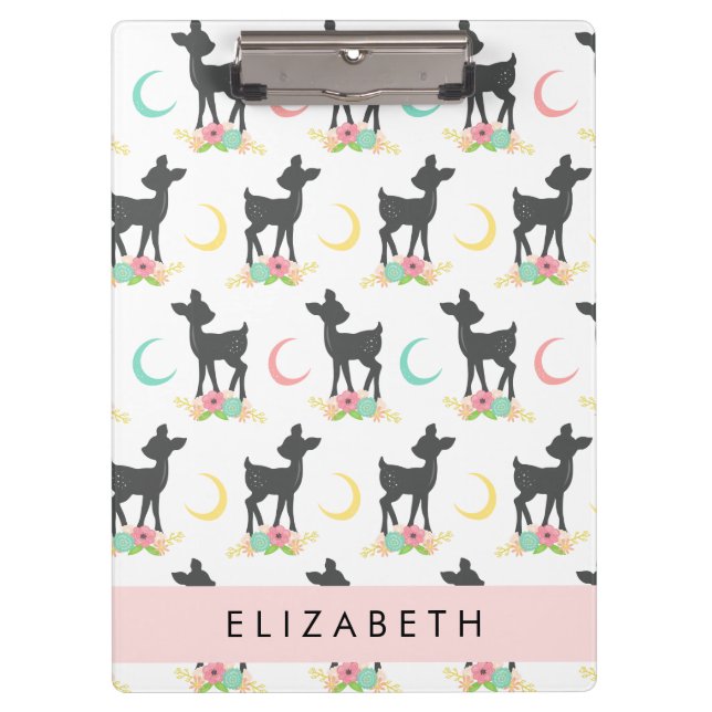 Deer Pattern, Baby Deer, Boho, Flowers, Your Name Clipboard (Front)