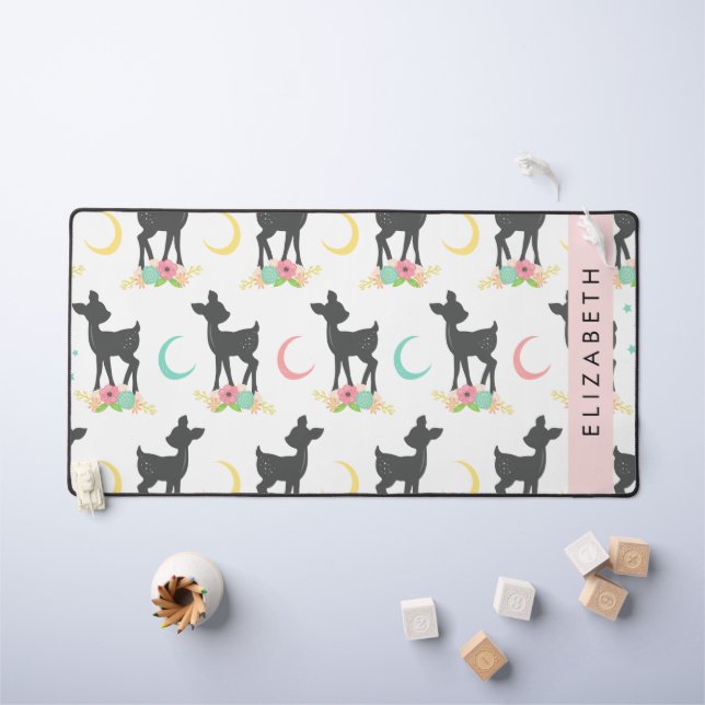 Deer Pattern, Baby Deer, Boho, Flowers, Your Name Desk Mat (Kids Table)