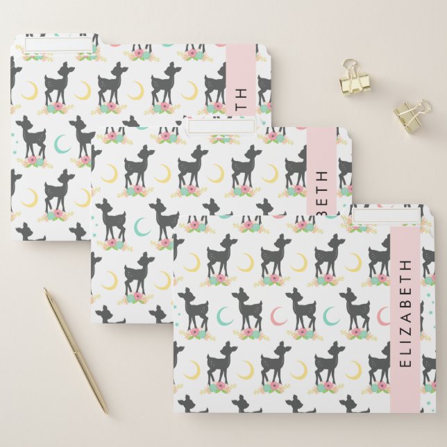 Deer Pattern, Baby Deer, Boho, Flowers, Your Name File Folder (Set)