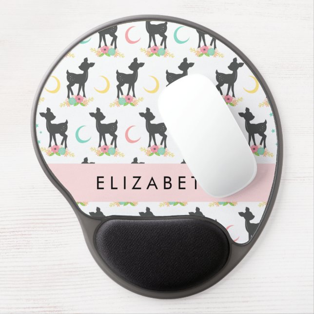 Deer Pattern, Baby Deer, Boho, Flowers, Your Name Gel Mouse Pad (Left Side)