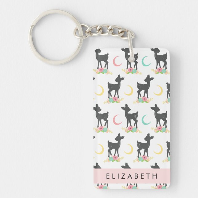 Deer Pattern, Baby Deer, Boho, Flowers, Your Name Keychain (Front)