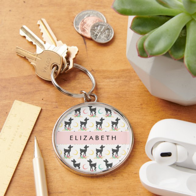 Deer Pattern, Baby Deer, Boho, Flowers, Your Name Keychain (Desk)