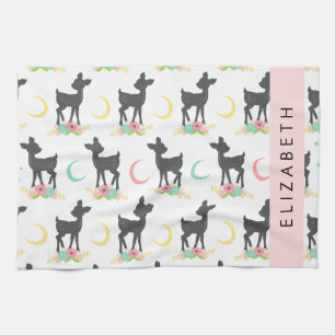 Deer Pattern, Baby Deer, Boho, Flowers, Your Name Kitchen Towel