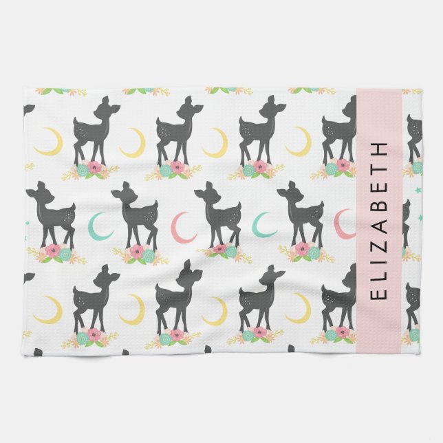 Deer Pattern, Baby Deer, Boho, Flowers, Your Name Kitchen Towel (Horizontal)