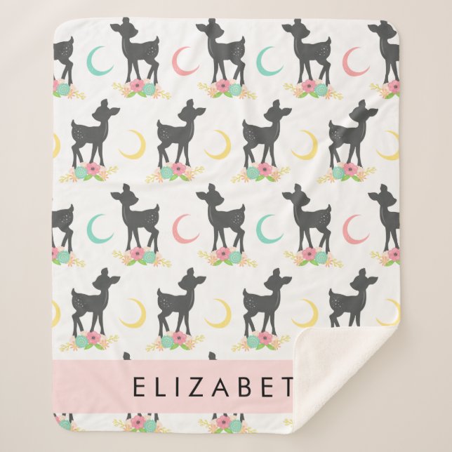 Deer Pattern, Baby Deer, Boho, Flowers, Your Name Sherpa Blanket (Front)