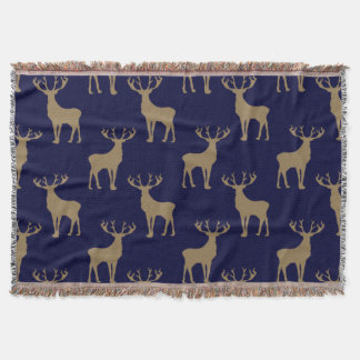 Deer Pattern in Brown on Dark Blue Throw Blanket