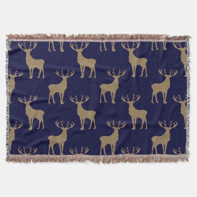 Deer Pattern in Brown on Dark Blue Throw Blanket (Front)