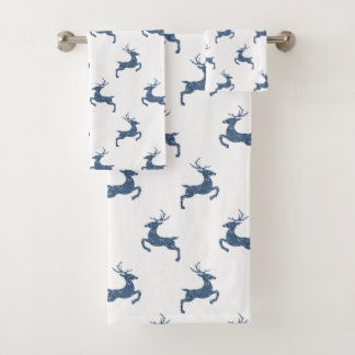 Deer Pattern In Faux Blue Glitter Texture Look Bath Towel Set