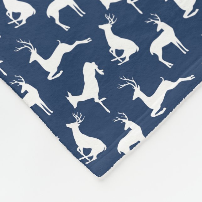 Deer Pattern in Navy Blue and White Fleece Blanket (Corner)