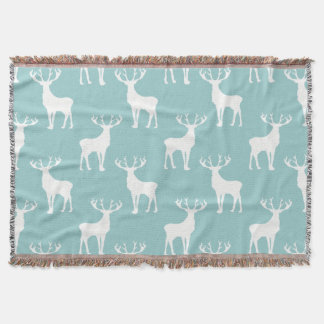 Deer Pattern in White on Soft Teal Throw Blanket