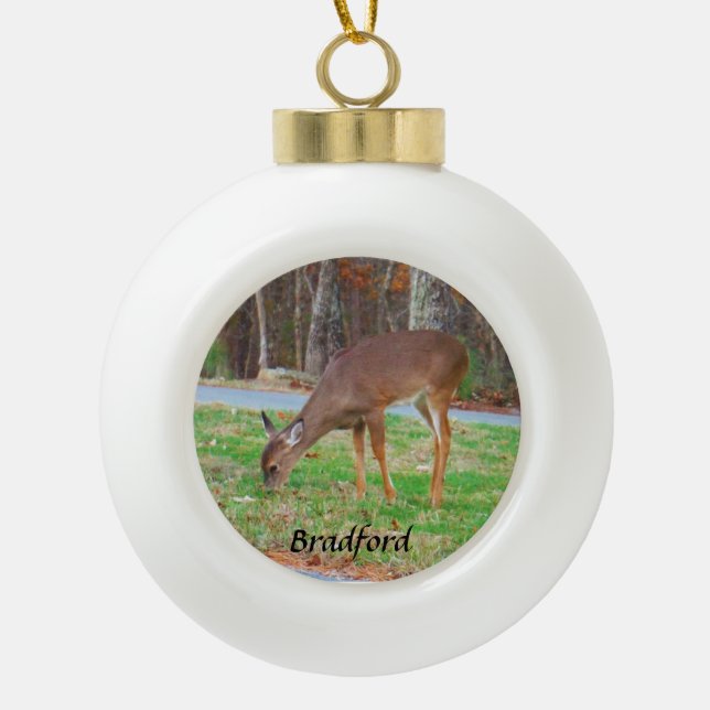 Deer, Personalize with name Ceramic Ball Christmas Ornament (Front)