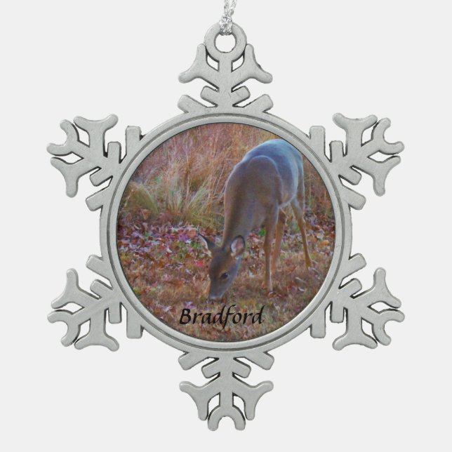 Deer, Personalize with name Snowflake Pewter Christmas Ornament (Front)