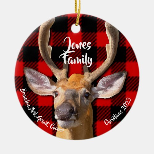 Deer photo _ Classic red and black plaid   Ceramic Ornament