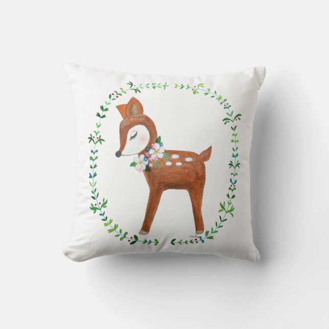 Deer Pillow Baby Deer Art Cushion Woodland Decor (Front)