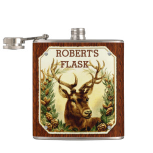 Deer Pine Cone Personalized with Wood Grain Hip Flask