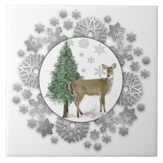 Deer Pine Tree Silver Snowflakes Decorative