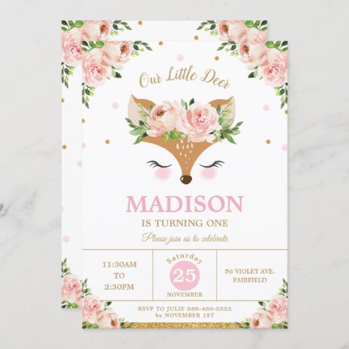 Deer Pink Floral Woodland Animals Birthday Party Invitation