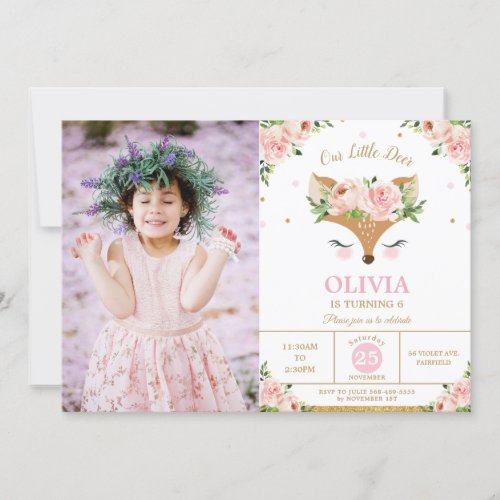 Deer Pink Floral Woodland Birthday Party Photo Invitation