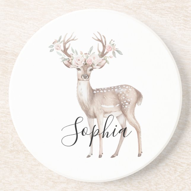 Deer Pink Flowers Coaster (Front)
