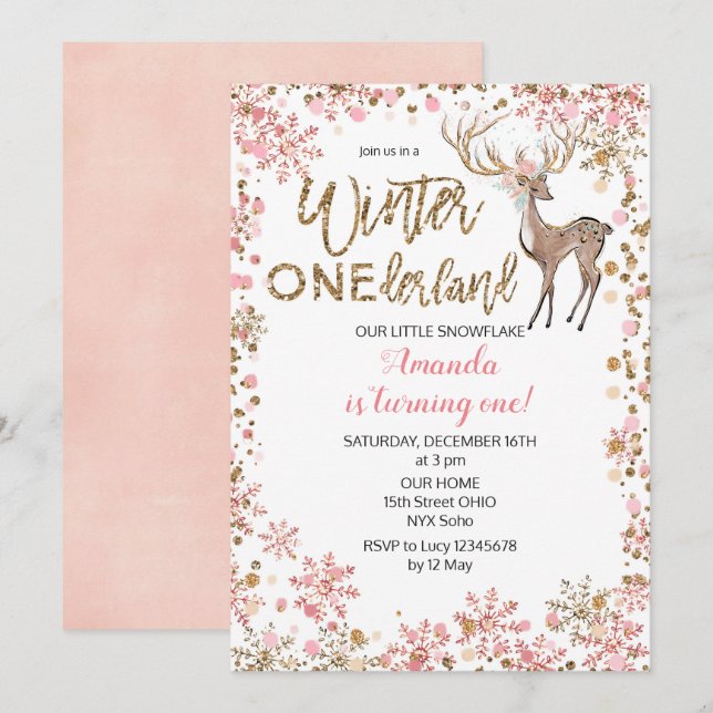 Deer Pink Glitter Winter Birthday Invitation (Front/Back)