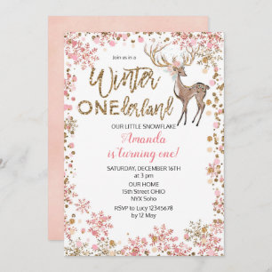 Deer Pink Glitter Winter Birthday Invitation