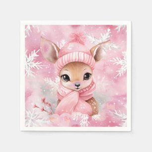 Deer Pink Hat Scarf Snowflake Winter Wonderland Napkins