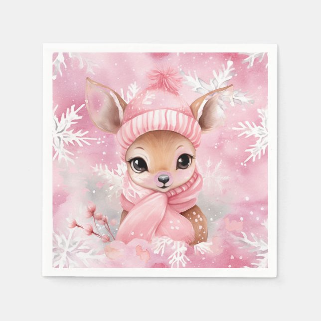 Deer Pink Hat Scarf Snowflake Winter Wonderland Napkins (Front)