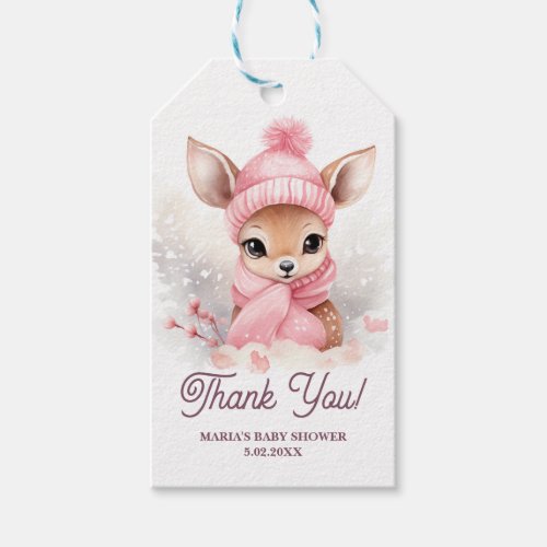 Deer Pink Hat Scarf WInter Wonderland Baby Party  Gift Tags