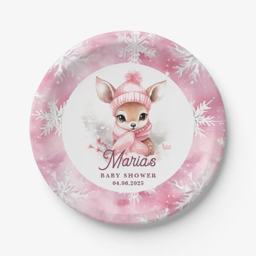 Deer Pink Winter Hat Scarf Custom Name Girl Party Paper Plates