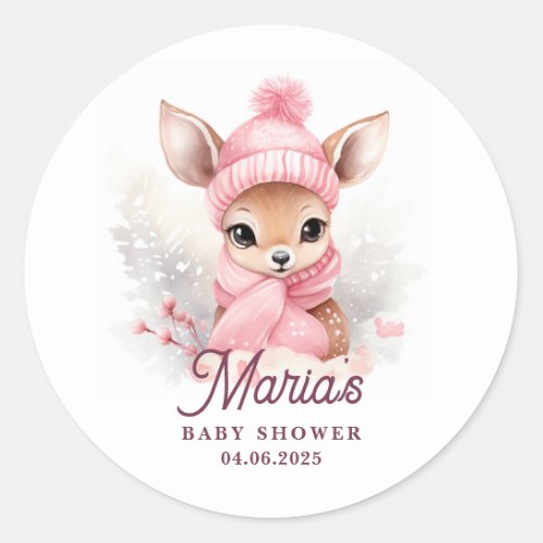 Deer Pink Winter Hat Scarf Girl Party Classic Round Sticker