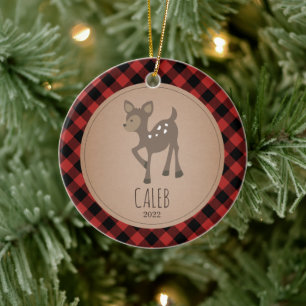 Deer Plaid Baby Cub First Christmas Ceramic Ornament