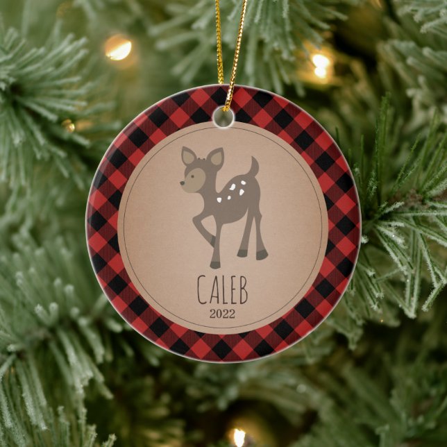 Deer Plaid Baby Cub First Christmas Ceramic Ornament (Tree)