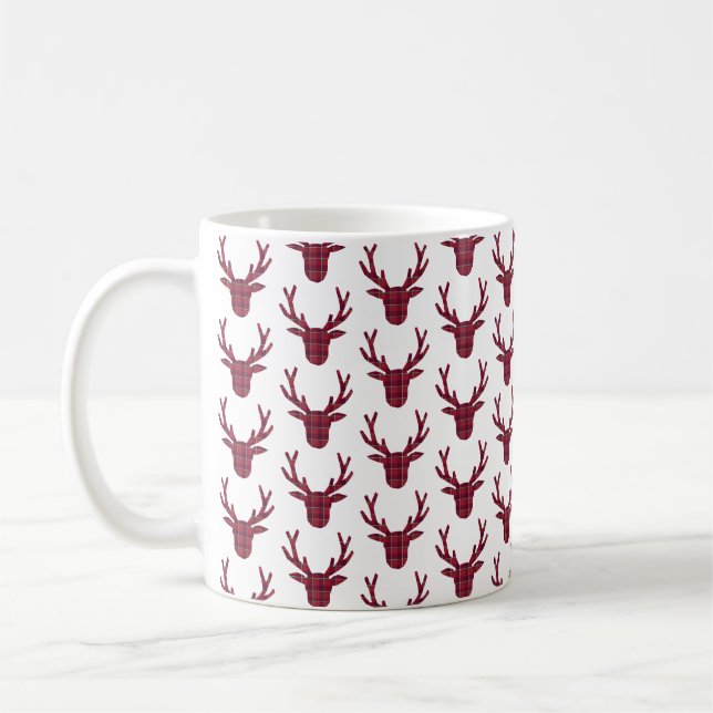 Deer Plaid Dark Red Burgundy Coffee Mug (Left)