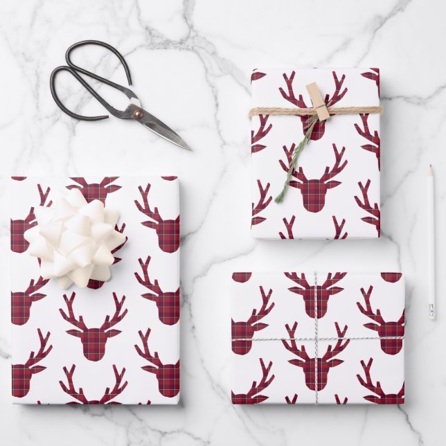Deer Plaid Dark Red Burgundy Wrapping Paper Sheets (Front)