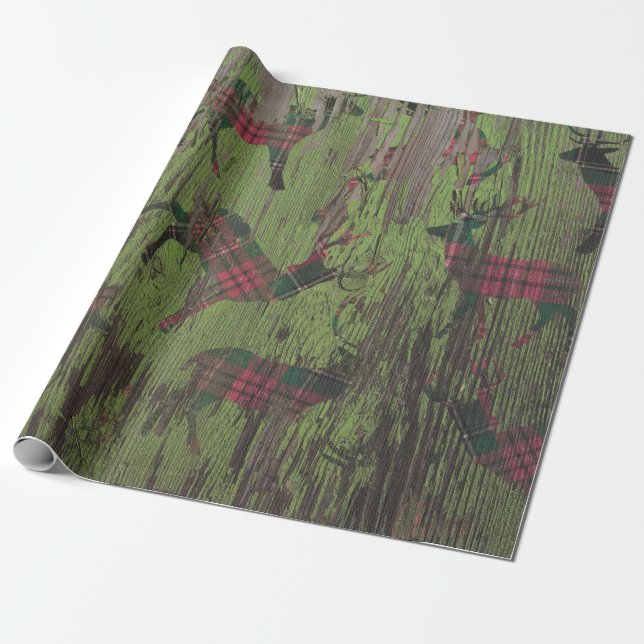Deer Plaid Rustic Green Holiday Wrapping Paper (Unrolled)