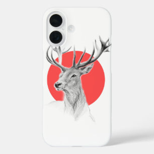 Deer portrait drawing Red circle Animal art iPhone 16 Case