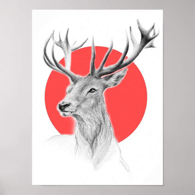 Deer portrait drawing Red circle Animal art Poster (Front)