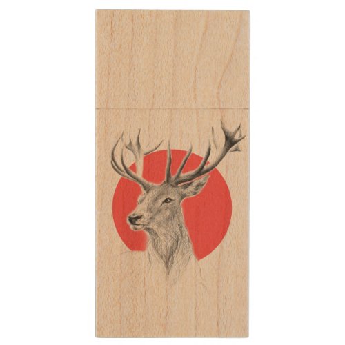 Deer portrait drawing Red circle Animal art Wood Flash Drive