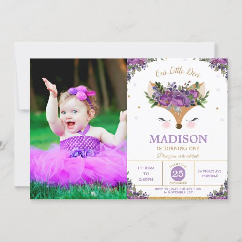 Deer Purple Floral Woodland Birthday Party Photo Invitation