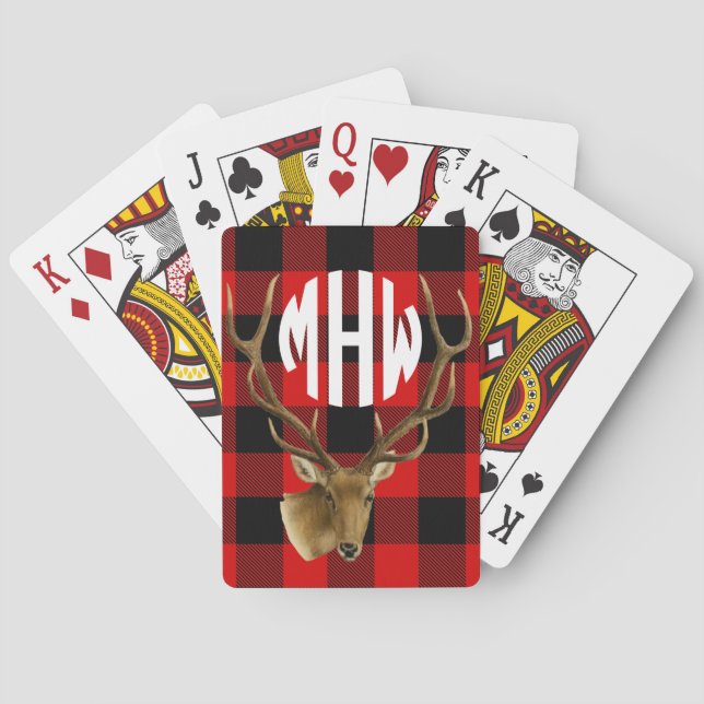Deer Red Black Wht Circle Monogram Buffalo Plaid Poker Cards (Back)