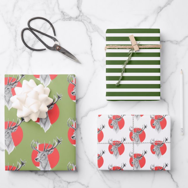 Deer Red circle Green stripes Christmas pattern Wrapping Paper Sheets (Front)