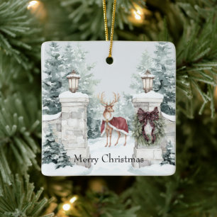 Deer Red Coat Snow Christmas Ceramic Ornament